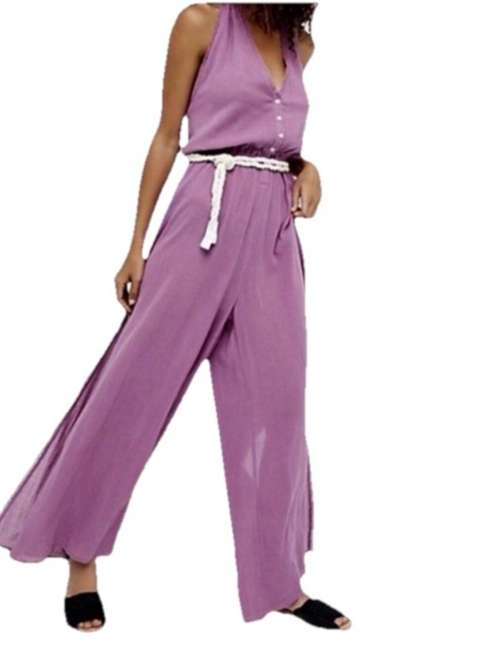 Free People Endless Summer Jumpsuit M Womens Purple Halter Wide Leg Slit Thin